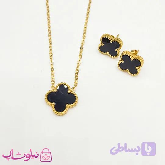 ست گردنبند و گوشواره دخترانه ونکلیف مشکی کد 1591 — تصویر 1