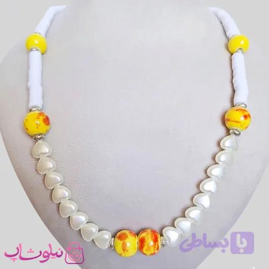 نیم ست دستساز برند N&SH مدل مروارید قلبی و فیمو و گوی چینی زرد کد 350