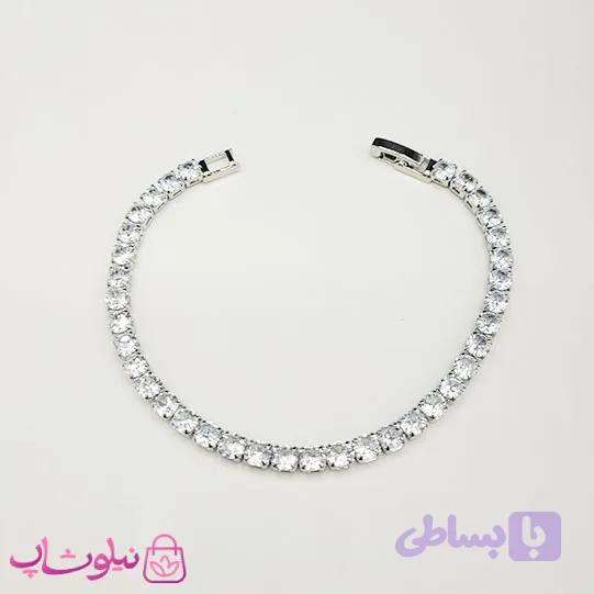 دستبند زنانه تنیسی نقره ای رنگ نگین دایره سفید 18 سانت 4 میل کد 450 — تصویر 1