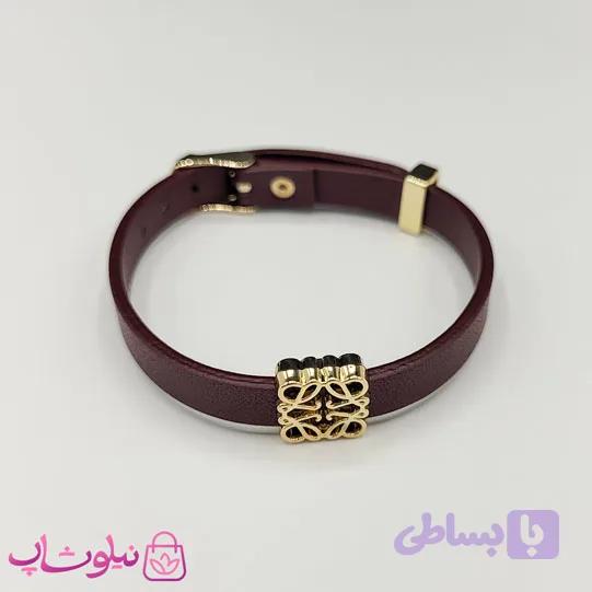 دستبند زنانه لووه Loewe چرم استیل رنگ بنفش بادمجانی کد 650 — تصویر 1