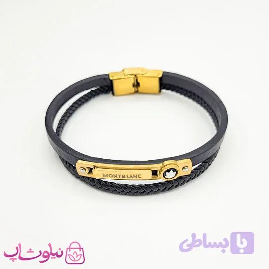 دستبند مردانه چرم و استیل مدل مون بلان مشکی طلایی کد 1188 — تصویر 1
