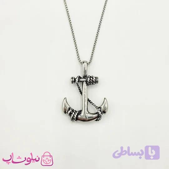 گردنبند لنگر پسرانه نقره ای استیل کد 1091