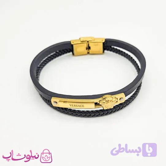 دستبند مردانه چرم و استیل مدل ورساچه سر شیر برجسته کد 1188 — تصویر 1