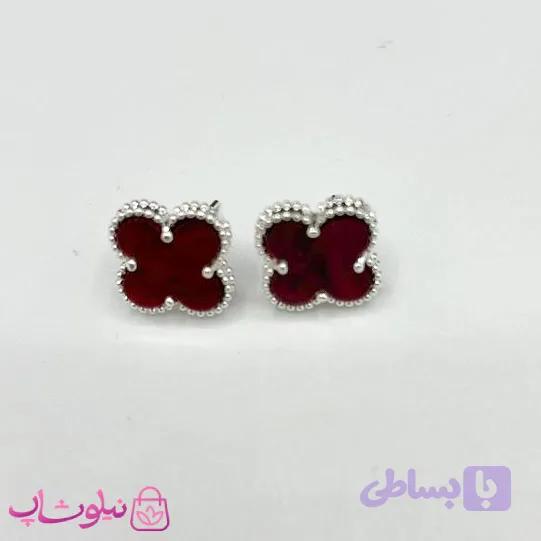 گوشواره میخی دخترانه زرشکی طرح ونکلیف آبکاری نقره کیفیت مستر کد 240