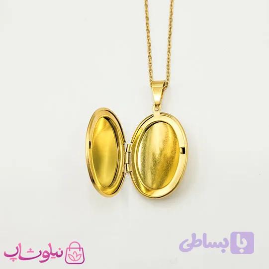گردنبند لاکت عکس زنانه استیل طلایی بیضی شکل کد 85 — تصویر 1