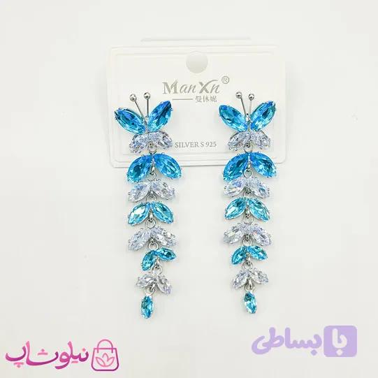 گوشواره بلند دخترانه طرح پروانه با کریستالهای آبی سفید کد 1588