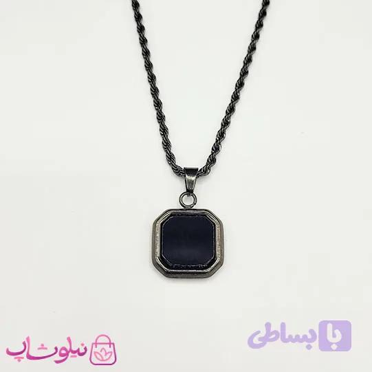 گردنبند سنگ اونیکس مشکی با زنجیر طنابی مشکی کد 390