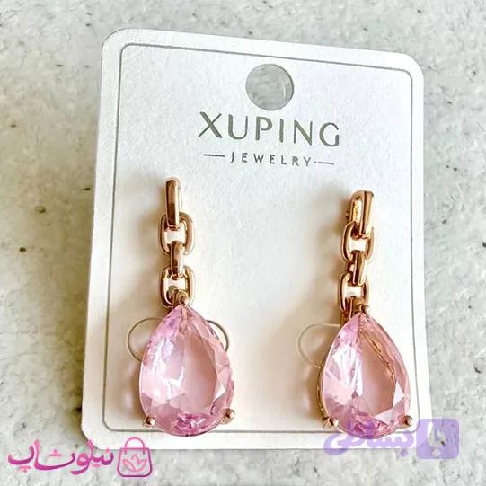 گوشواره آویز زنانه ژوپینگ طلایی مدل کریستال صورتی اشکی کد 3491