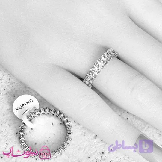 انگشتر زنانه ژوپینگ تنیسی مدل نگینهای باگتی اریب نقره ای رنگ کد 5491