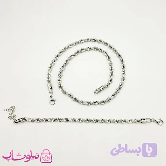 ست گردنبند و دستبند زنانه مدل طنابی نقره ای ضخیم — تصویر 1