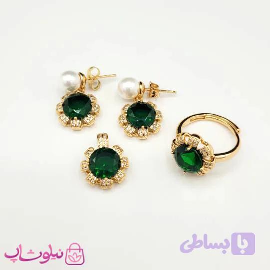 ست گوشواره، پلاک و انگشتر ژوپینگ مدل گل سبز کد 4991 — تصویر 1