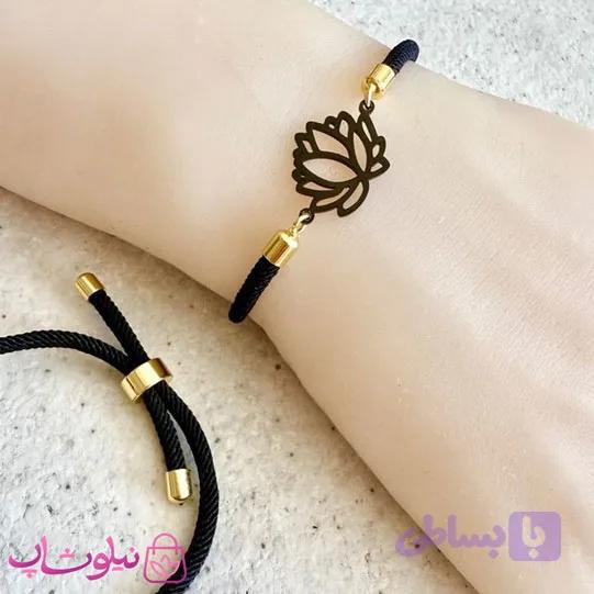 دستبند زنانه مشکی آسانسوری مدل گل نیلوفر کد 159
