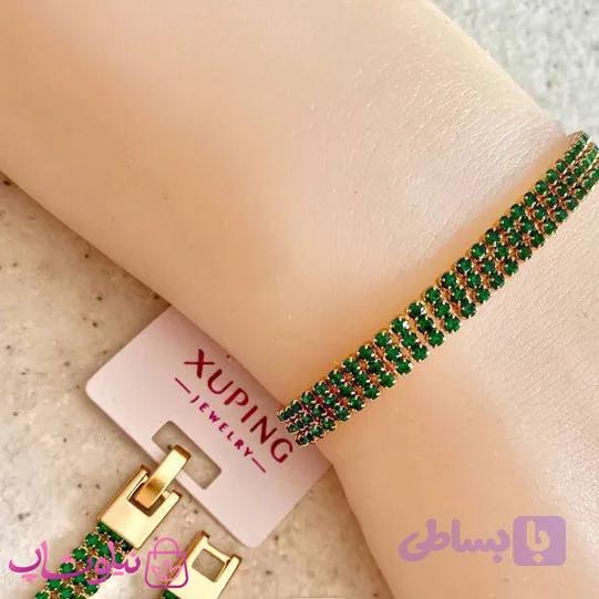 دستبند دخترانه ژوپینگ طرح تنیسی سبز طلایی سه لاین کد 5491 — تصویر 1
