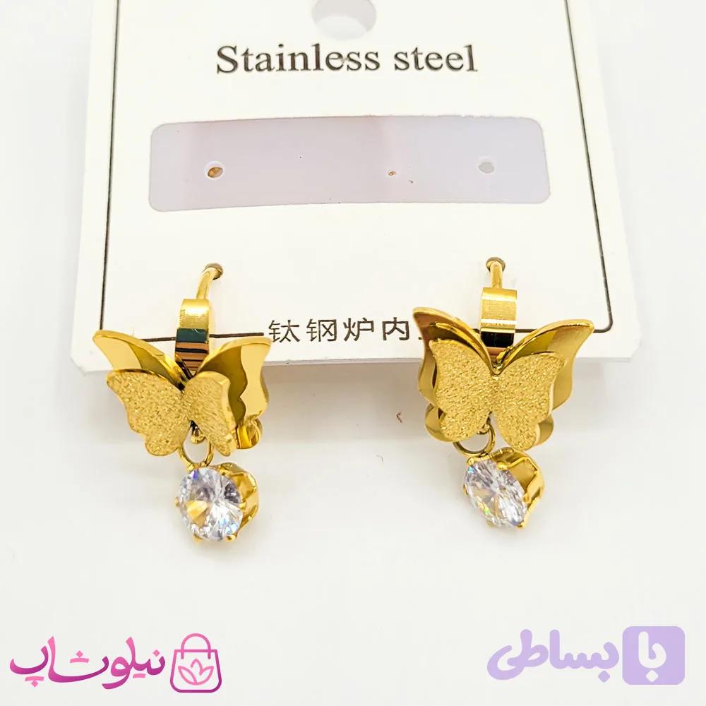 گوشواره حلقه ای آویزدار استیل طرح پروانه کد 2970-2