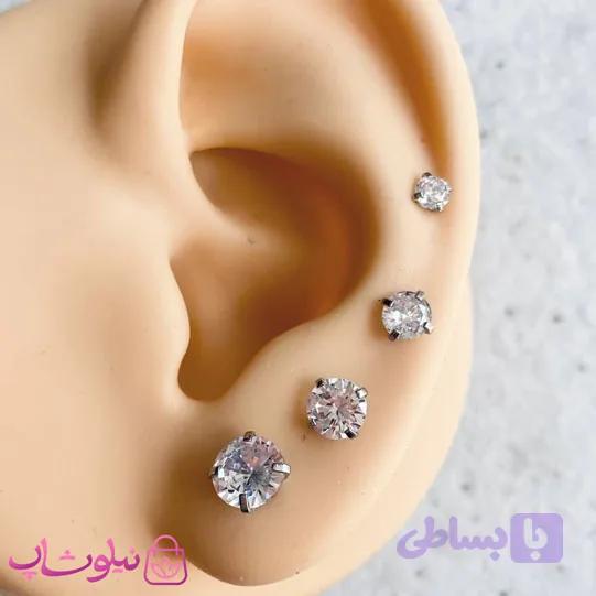 پیرسینگ گوش نگین دایره پایه نقره ای قفل گرد در 4 سایز