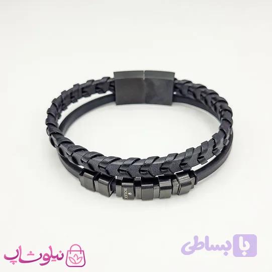 دستبند مردانه چرم استیل رولکس مشکی دولاین کیفیت مستر کد 1150 — تصویر 1