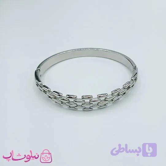بنگل زنانه طرحدار استیل رنگ نقره ای قطر 57 میل