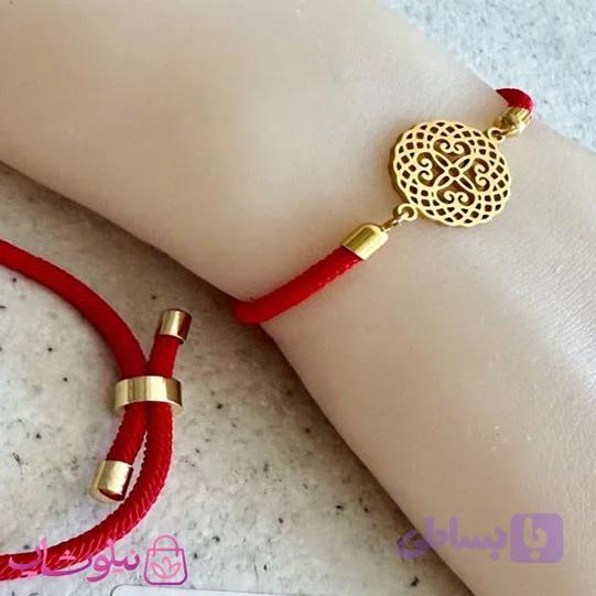 دستبند زنانه آسانسوری بندی قرمز با پلاک گل طلایی کد 159