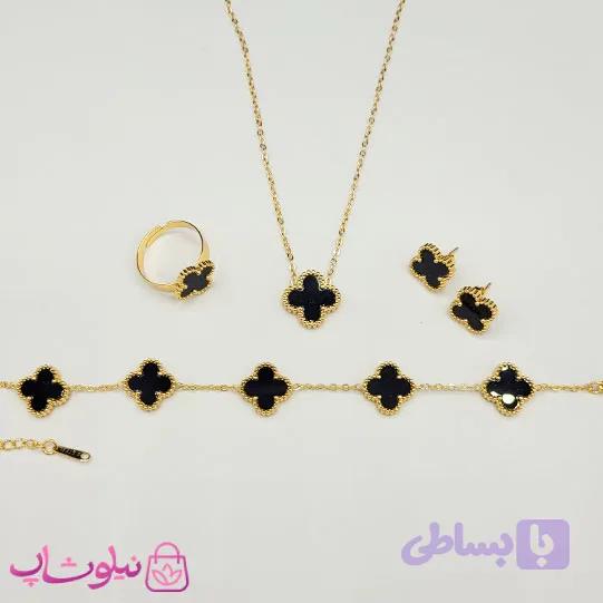 سرویس زنانه طرح ونکلیف مشکی طلایی تک گل کد 460