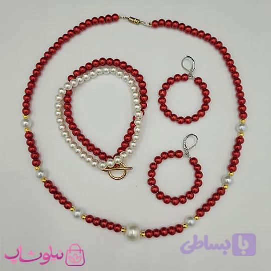 نیم ست زنانه دستساز برند N&SH مدل مرواریدهای قرمز و سفید کد 400 — تصویر 1