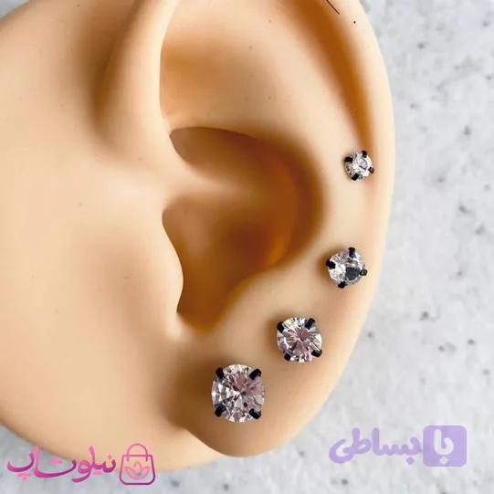 پیرسینگ گوش نگین دایره پایه مشکی در 4 سایز