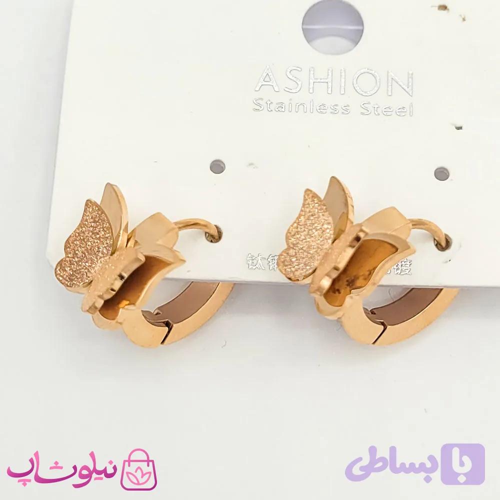 گوشواره حلقه ای زنانه طرح پروانه رزگلد کد 2970 — تصویر 1