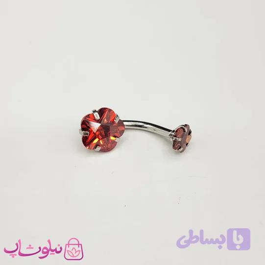 پیرسینگ ناف استیل نقره ای رنگ طرح گل قرمز کد 149