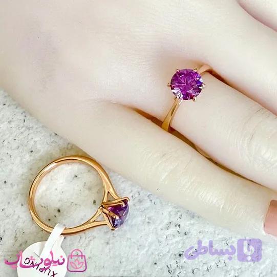 انگشتر زنانه ژوپینگ طلایی مدل سولیتر نگین بنفش کد 2391
