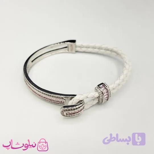 دستبند زنانه بولگاری مدل چرم استیل صورتی سفید نقره ای کیفیت مستر کد 1600 — تصویر 1