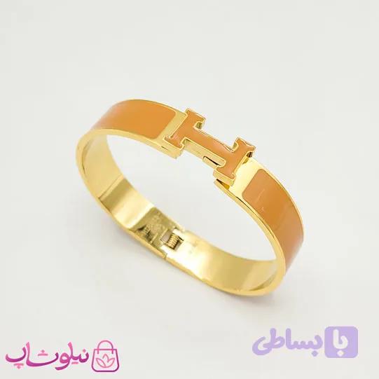دستبند زنانه هرمس رنگ قهوه ای طلایی پهن قفل فنری کد 700 — تصویر 1
