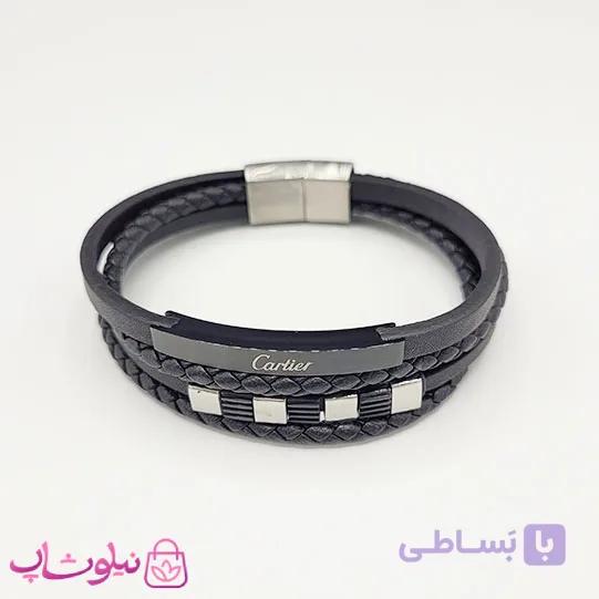 دستبند مردانه چرمی کارتیه مشکی نقره ای کیفیت مستر کد 1150
