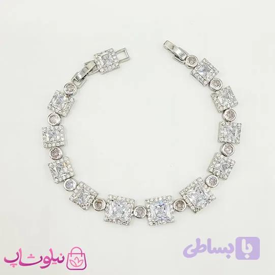 دستبند دخترانه نگیندار نقره ای با کریستالهای مربعی سفید کد 3288 — تصویر 1