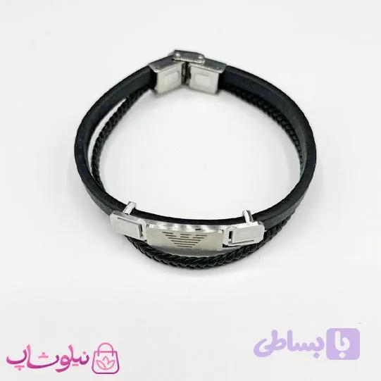 دستبند مردانه چرم و استیل مدل امپریو آرمانی نقره ای کد 1188