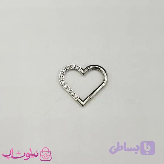 پیرسینگ دیث گوش استیل نقره ای رنگ مدل قلب نگین سفید کد 3391