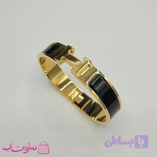 دستبند زنانه هرمس مشکی طلایی استیل قفل اورجینال کد 900 — تصویر 1
