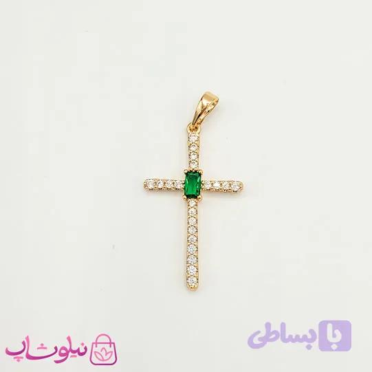 پلاک زنانه ژوپینگ مدل صلیب نگین سبز کد 2291 — تصویر 1