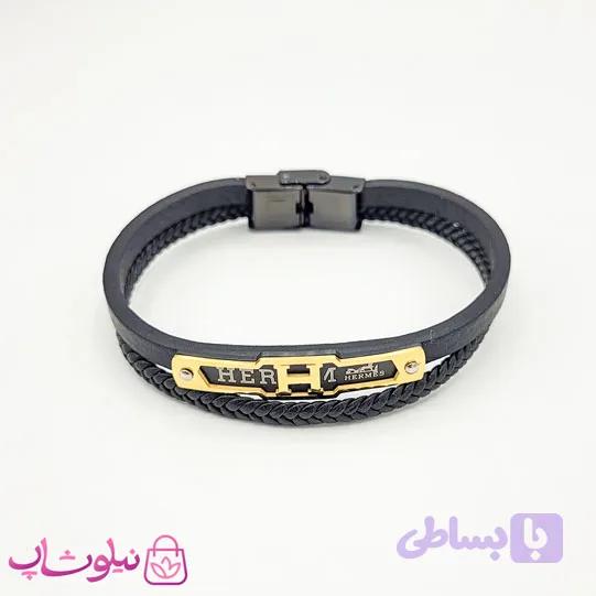 دستبند مردانه چرم و استیل مدل هرمس مشکی طلایی کد 1188 — تصویر 1