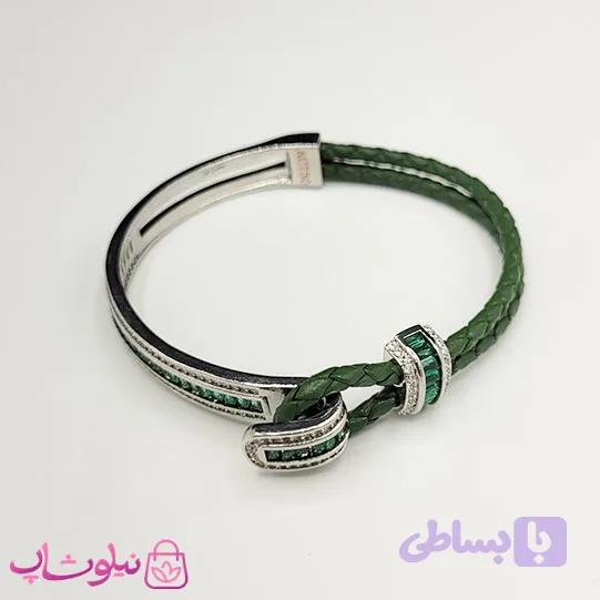 دستبند زنانه بولگاری مدل چرم استیل سبز نقره ای کیفیت مستر کد 1600