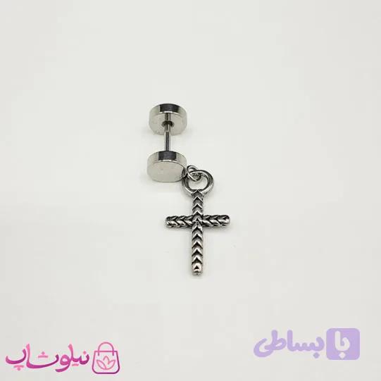 پیرسینگ گوش استیل مدل صلیب نقره ای رنگ استیل کد 119