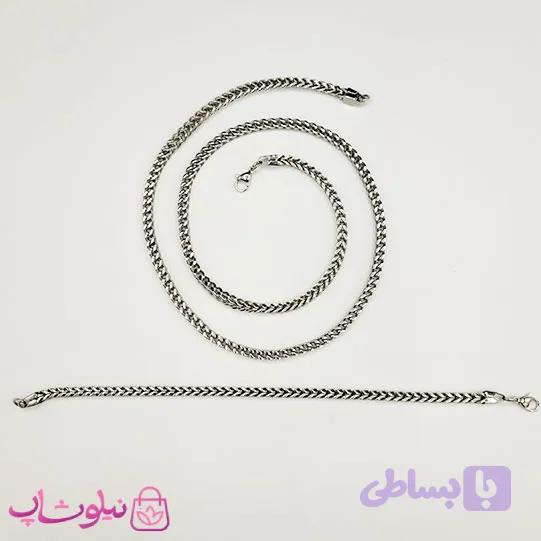 ست گردنبند و دستبند مردانه فرانکو (میرو) استیل نقره ای کد 950 — تصویر 1