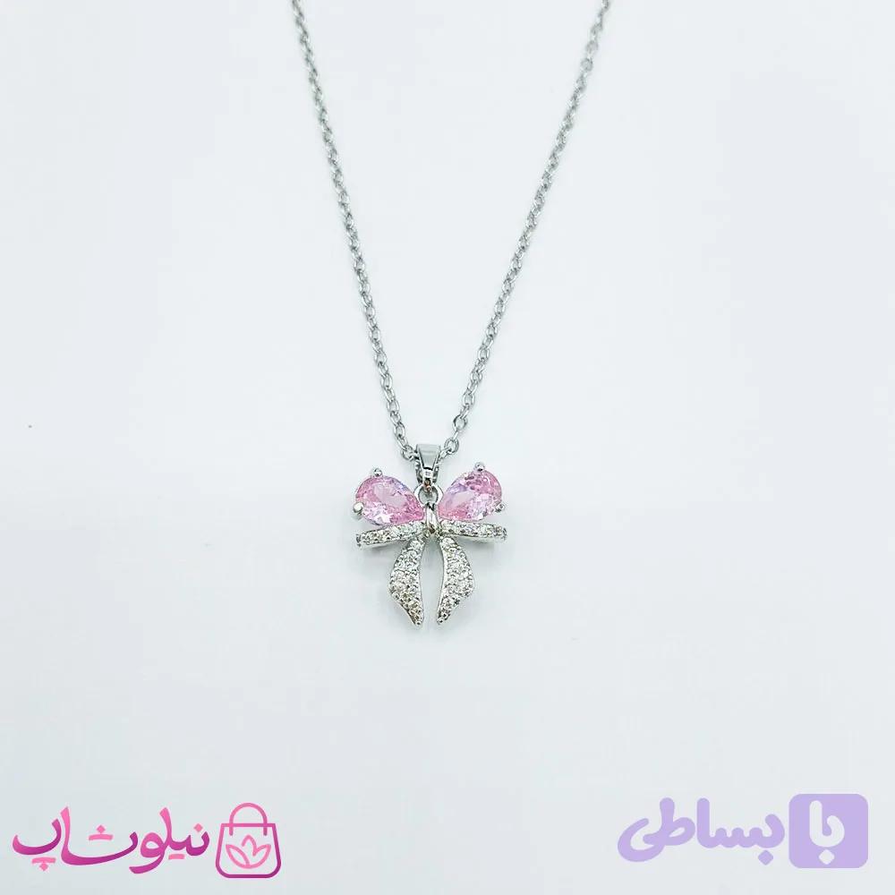 گردنبند دخترانه مدل پاپیون با نگین صورتی کد 98