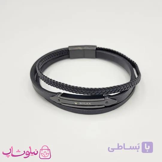 دستبند مردانه چرم استیل مدل رولکس مشکی نقره ای کیفیت مستر کد 1150