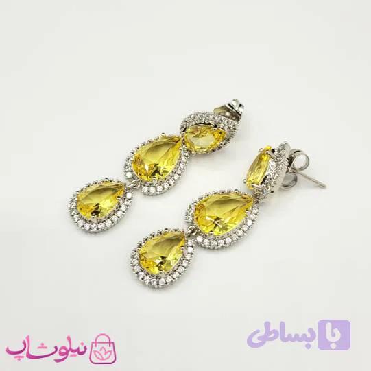 گوشواره آویز زنانه ژوپینگ مجلسی با کریستال زرد اشکی کد 2591 — تصویر 1