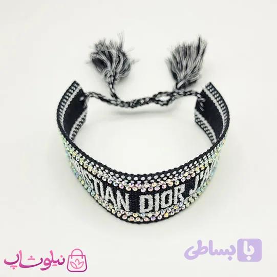 دستبند دخترانه پارچه ای کریستین دیور نگیندار مشکی سفید کد 145 — تصویر 1