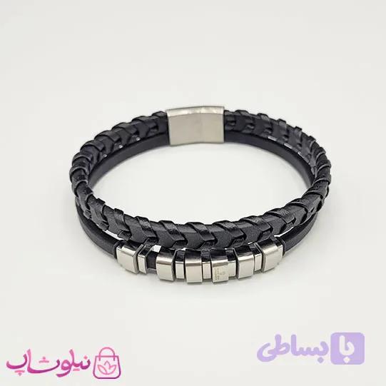 دستبند مردانه چرم استیل مدل رولکس مشکی نقره ای کیفیت مستر کد 1150