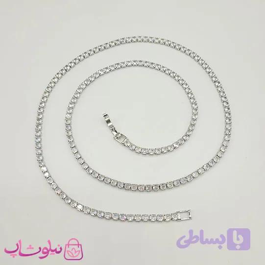 گردنبند دخترانه تنیسی نقره ای رنگ نگین مربع سفید 60 سانت کد 3598 — تصویر 1