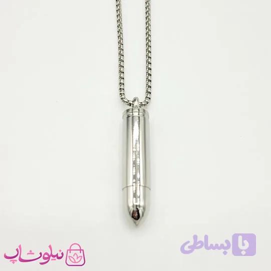گردنبند پسرانه استیل طرح فشنگ نقره ای کد 300 — تصویر 1