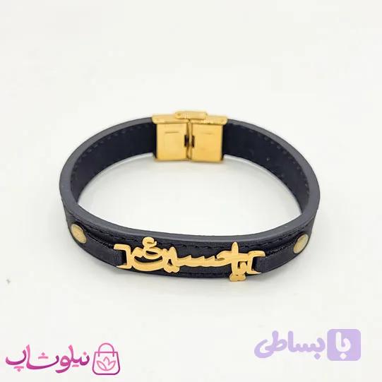 دستبند مردانه چرم استیل با پلاک یاحسین — تصویر 1