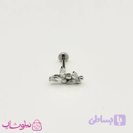 پیرسینگ گوش مدل پروانه نگین سفید نقره ای رنگ کد 249