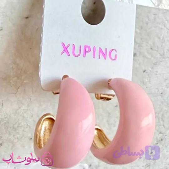 گوشواره حلقه ای ژوپینگ طلایی رنگ مدل صورتی پاستیلی کد 4991